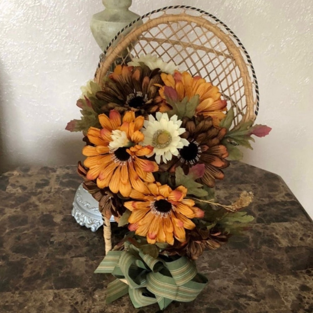 Fall Flower Arrangement in Fan Wicker Chair New Table Decor Mums handmade